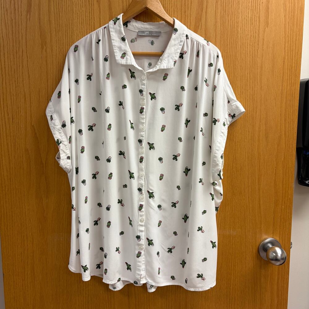 Lee Riders White Cactus Print Button-Down Blouse Desert Southwestern Novelty 2X